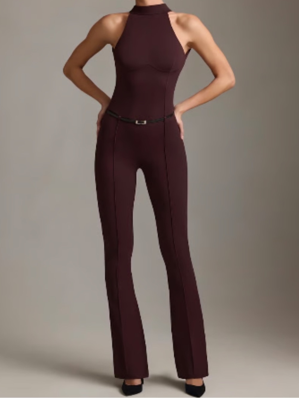 Oh Polly Sleeveless Mock-Neck Jumpsuit in Deep Plum